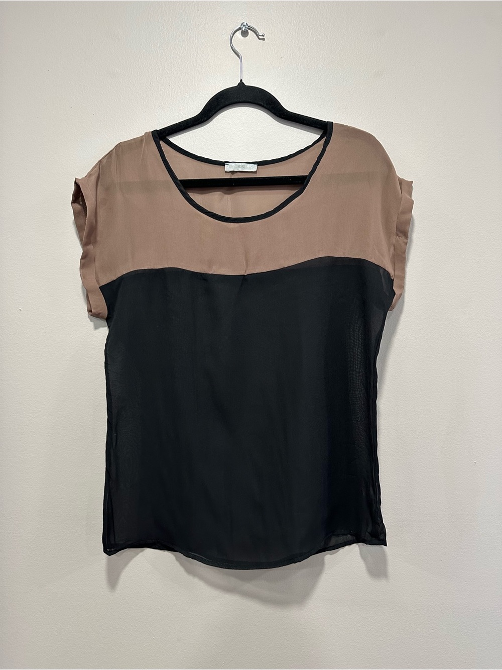 ISSI Tan & Black Sheer Colorblock Cap Sleeve Minimalist Chiffon Style Blouse